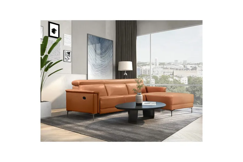 Hjørnesofa 3-personers Lund Cognac, Læder/PU, Højre manuel liggestol - Cognac, Læder/PU, Højre manuel liggestol - Møbler - Sofaer - Lædersofaer