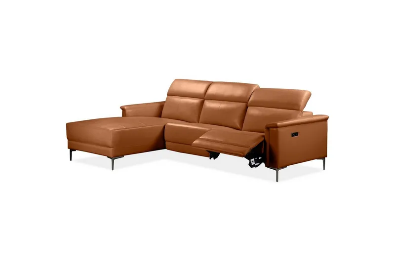 Hjørnesofa 3-personers Lund Cognac, Læder/PU, Venstre Elektrisk Tilbagelæner - Cognac, Læder/PU, Venstre Elektrisk Tilbagelæner - Møbler - Sofaer - Lædersofaer