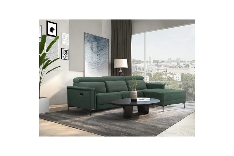 Hjørnesofa 3-personers Lund Mørkegrøn, Belfast stof, Højre elektrisk liggestol - Mørkegrøn, Belfast stof, Højre elektrisk liggestol - Møbler - Sofaer - Recliner sofaer