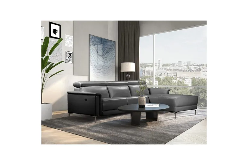 Hjørnesofa 3-personers Lund Sort, Læder/PU, Højre manuel liggestol - Sort, Læder/PU, Højre manuel liggestol - Møbler - Sofaer - Lædersofaer