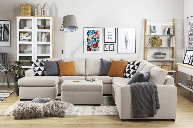 Crazy 6-personers Venstrevendt U-formet Large Hjørnesofa med Chaiselong i Stof - Beige - Møbler - Sofaer - Hjørnesofa - Hjørnesofa med chaiselong