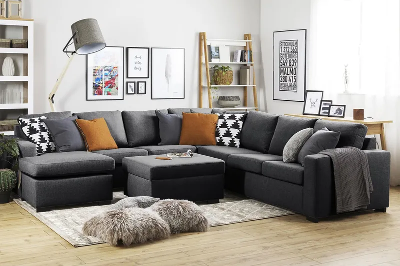 Crazy 6-personers Venstrevendt U-formet Large Hjørnesofa med Chaiselong i Stof - Mørkegrå - Møbler - Sofaer - Hjørnesofa - Hjørnesofa med chaiselong