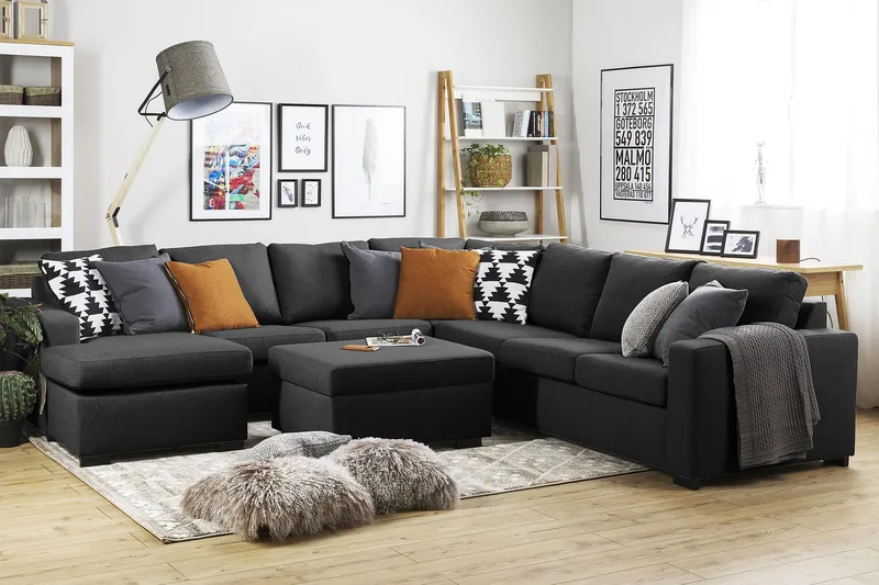 Crazy 6-personers Venstrevendt U-formet Large Hjørnesofa med Chaiselong i Stof - Antracit - Møbler - Sofaer - Hjørnesofa - Hjørnesofa med chaiselong