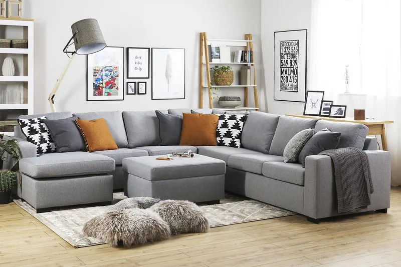 Crazy 6-personers Venstrevendt U-formet Large Hjørnesofa med Chaiselong i Stof - Grå - Møbler - Sofaer - Hjørnesofa - Hjørnesofa med chaiselong