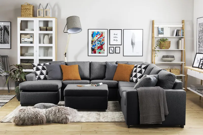 Crazy 6-personers Venstrevendt U-formet Large Hjørnesofa med Chaiselong i Stof - Mørkegrå - Møbler - Sofaer - Hjørnesofa - Hjørnesofa med chaiselong