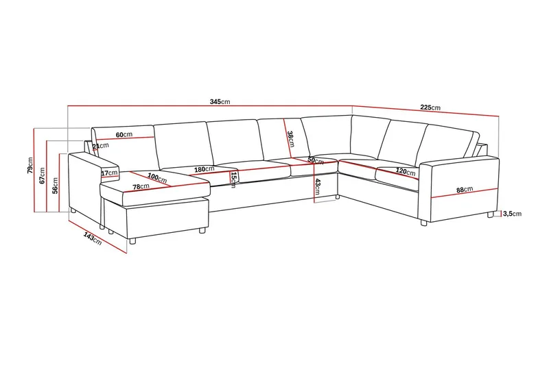 Crazy 6-personers Venstrevendt U-formet X-Large Hjørnesofa med Chaiselong i Stof - Antracit - Møbler - Sofaer - Hjørnesofa - Hjørnesofa med chaiselong