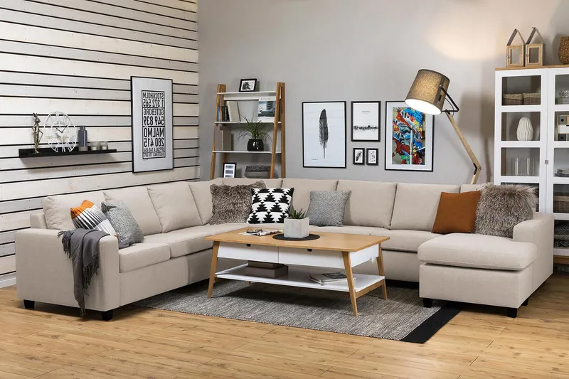 Crazy 7-personers Højrevendt U-formet XX-Large Hjørnesofa med Divan i Stof - Beige - Møbler - Sofaer - Hjørnesofa - Hjørnesofa med chaiselong