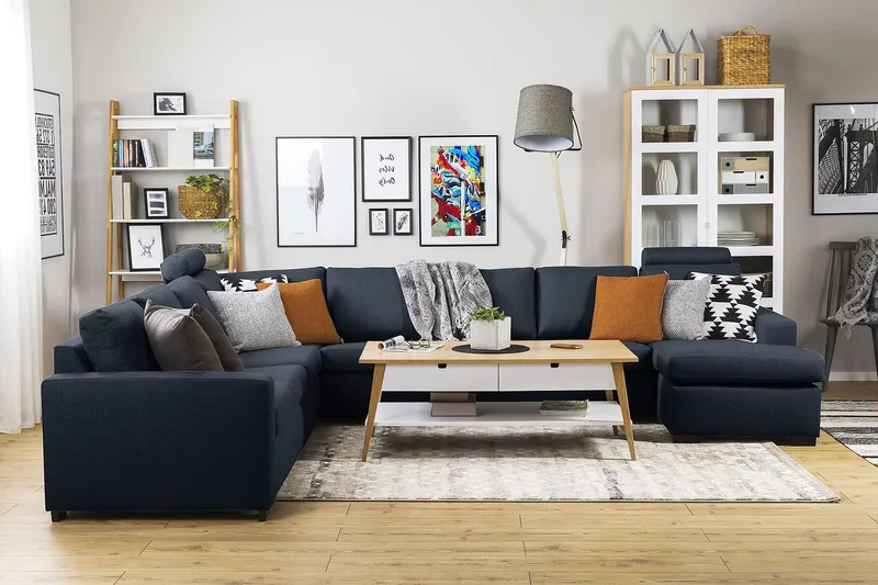 Crazy 7-personers Højrevendt U-formet XX-Large Hjørnesofa med Divan i Stof - Blå - Møbler - Sofaer - Hjørnesofa - Hjørnesofa med chaiselong