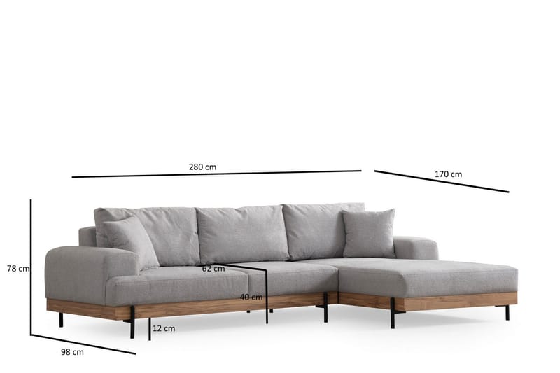 Eti 3-personers Hjørnesofa Højre med Chaiselong i Stof og Træunderstel - Grå - Møbler - Sofaer - Sofa med chaiselong - 4 personers sofa med chaiselong