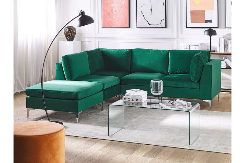 Evja 4-Pers. Hjørnesofa Højre med Fodskammel - Velour/Grøn - Møbler - Sofaer - Hjørnesofa