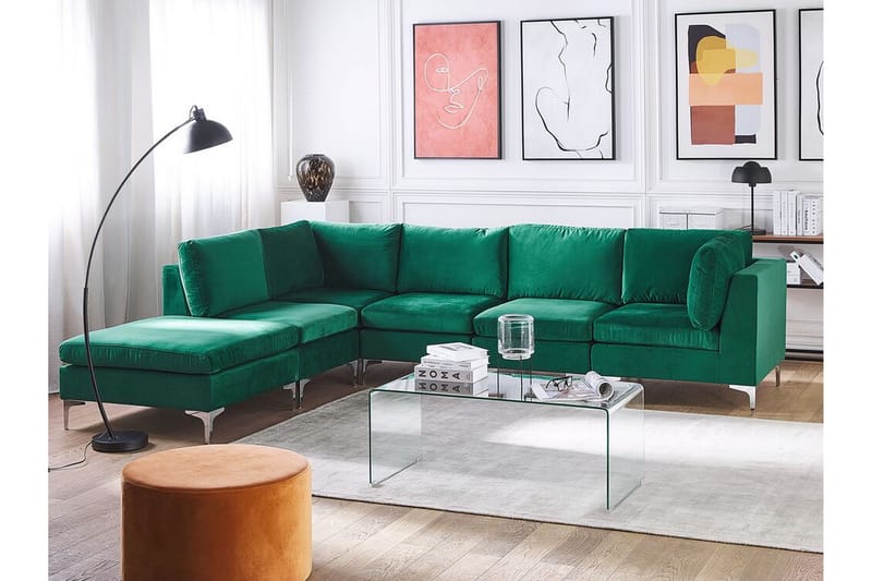 Evja 5-Pers. Hjørnesofa Højre med Fodskammel - Velour/Grøn - Møbler - Sofaer - Hjørnesofa