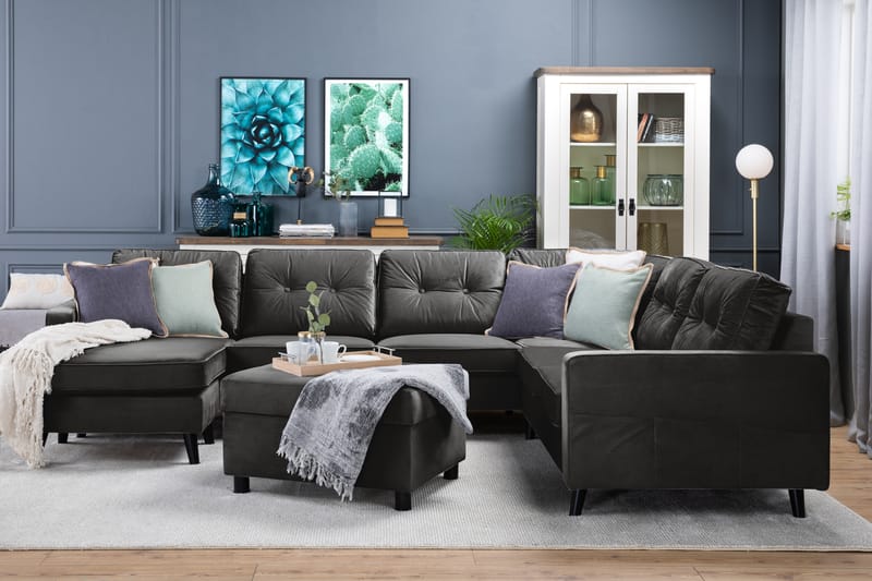 Monroe 5-personers Vendbar U-formet Hjørnesofa med Divan i Fløjl - Mørkegrå - Møbler - Sofaer - Hjørnesofa - Hjørnesofa med chaiselong