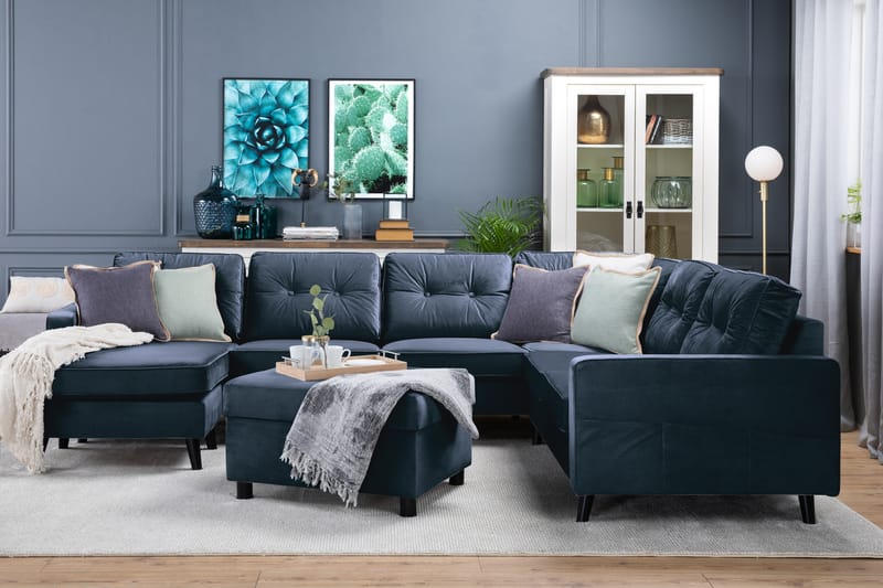 Monroe 5-personers Vendbar U-formet Hjørnesofa med Divan i Fløjl - Blå - Møbler - Sofaer - Hjørnesofa - Hjørnesofa med chaiselong