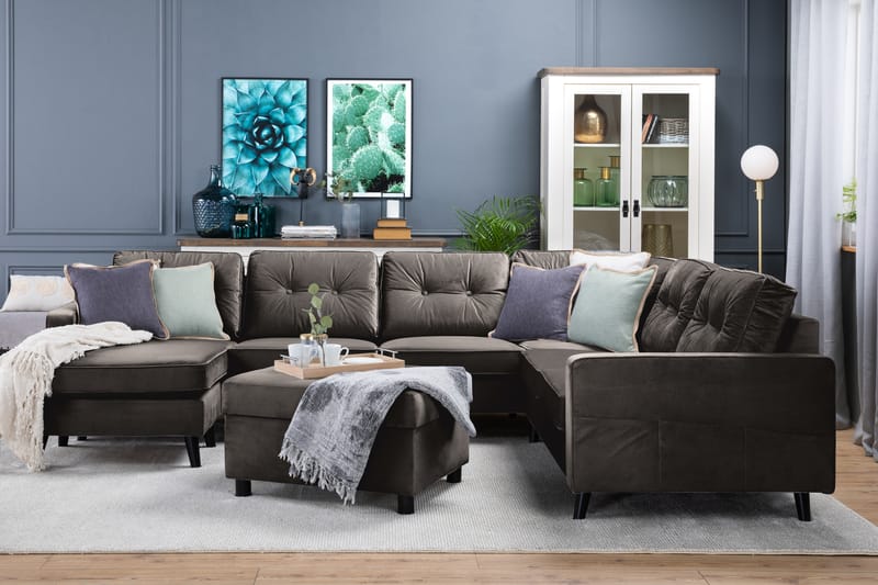 Monroe 5-personers Vendbar U-formet Hjørnesofa med Divan i Fløjl - Brun - Møbler - Sofaer - Hjørnesofa - Hjørnesofa med chaiselong