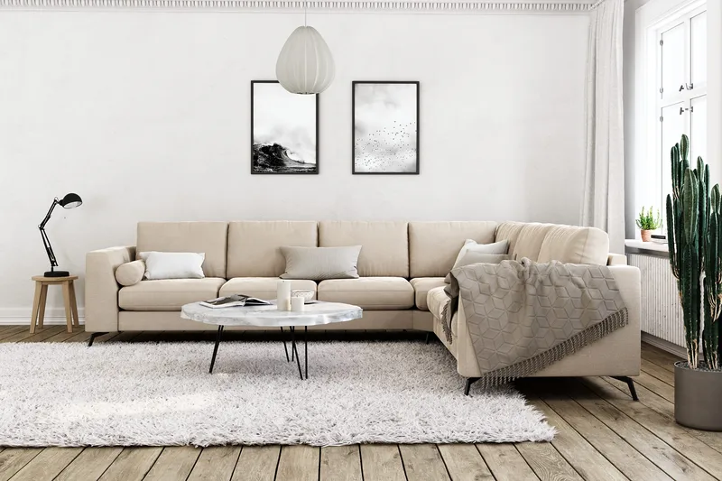 Ocean Lyx 5-personers Vendbar L-formet Hjørnesofa i Fløjl - Beige - Møbler - Sofaer - Hjørnesofa