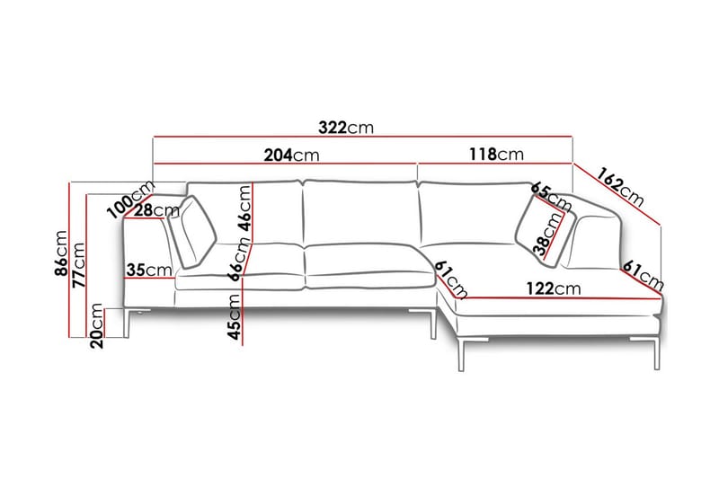 Ocean sofa med diva 322x162x86 cm - Hjørnesofa med chaiselong - Hjørnesofa