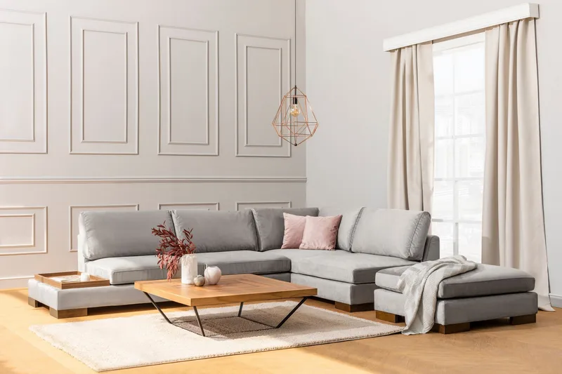 Tulima Sofa med Chaiselong m Puf Højre - Lysegrå/Natur - Møbler - Sofaer - Hjørnesofa