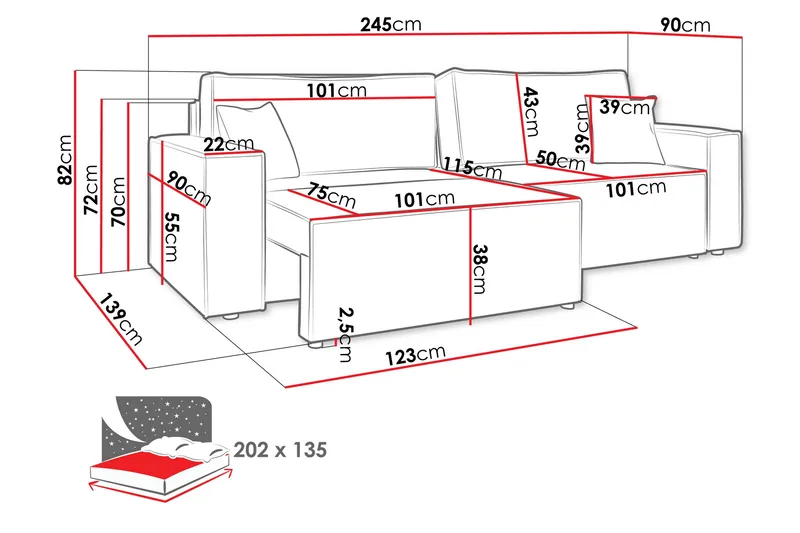 Hobson 3-personers Sovesofa 245 cm med Opbevaring i Manchesterstof - Grå - Møbler - Sofaer - 3 personers sofa