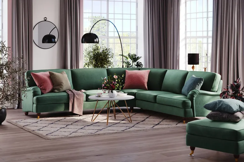 Howard Lyx 6-personers Højrevendt L-formet Hjørnesofa i Fløjl - Mørkegrøn - Møbler - Sofaer - Howard sofa