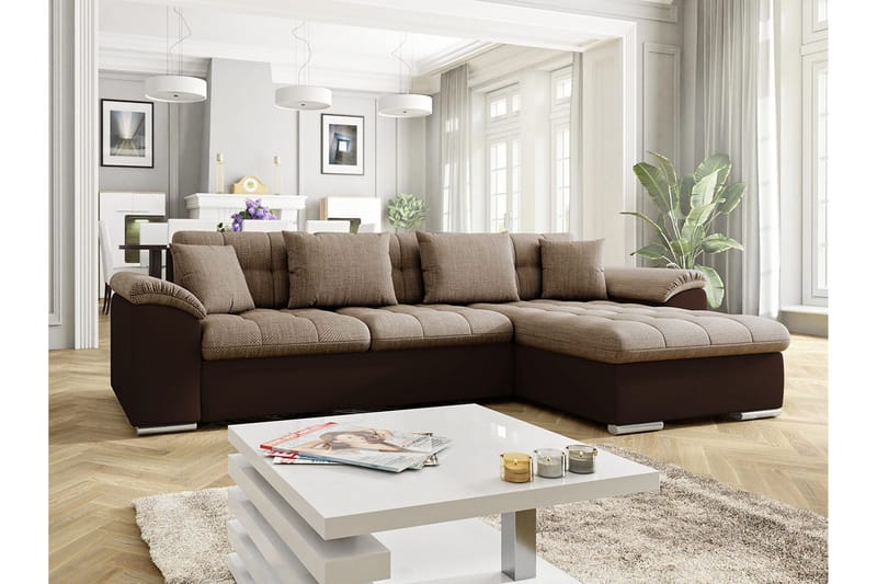 Camior Chaiselong Sovesofa 4-pers Højre Kunstlæder - Brun/Beige - Møbler - Sofaer - Lædersofaer