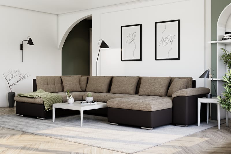Dynir Hjørnesovesofa Chaiselong med Opbevaring Højre - Beige/Brun - Møbler - Sofaer - Lædersofaer