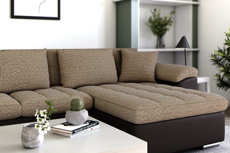 Dynir Hjørnesovesofa Chaiselong med Opbevaring Højre - Beige/Brun - Møbler - Sofaer - Lædersofaer