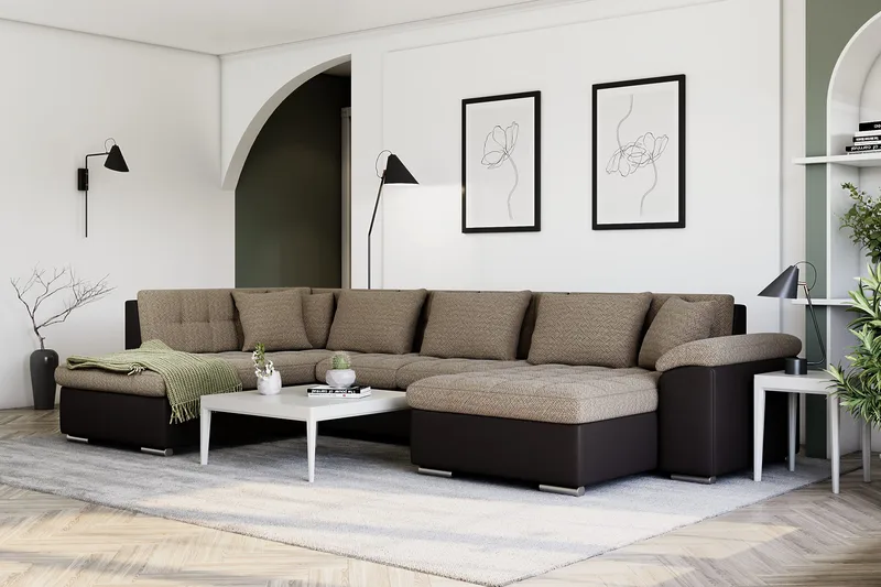 Dynir Hjørnesovesofa Chaiselong med Opbevaring Højre - Beige/Brun - Møbler - Sofaer - Lædersofaer