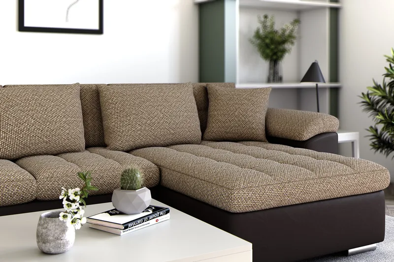 Dynir Hjørnesovesofa Chaiselong med Opbevaring Højre - Beige/Brun - Møbler - Sofaer - Lædersofaer