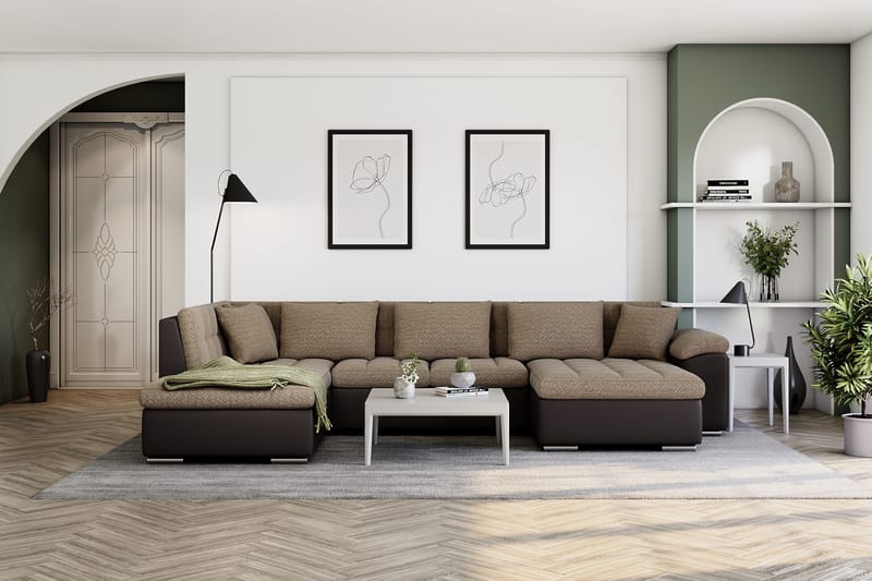 Dynir Hjørnesovesofa Chaiselong med Opbevaring Højre - Beige/Brun - Møbler - Sofaer - Lædersofaer