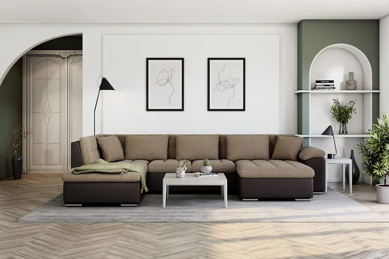 Dynir Hjørnesovesofa Chaiselong med Opbevaring Højre - Beige/Brun - Møbler - Sofaer - Lædersofaer