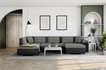 Dynir Stor Hjørnesovesofa Divan med Opbevaring Højre 350 cm - Sort/Grå - Møbler - Sofaer - Lædersofaer