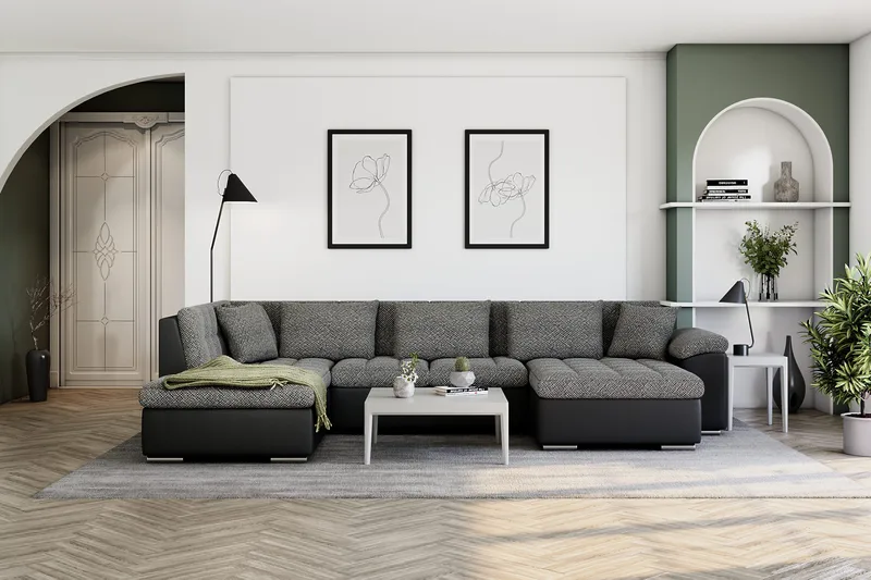 Dynir Stor Hjørnesovesofa Divan med Opbevaring Højre 350 cm - Sort/Grå - Møbler - Sofaer - Lædersofaer