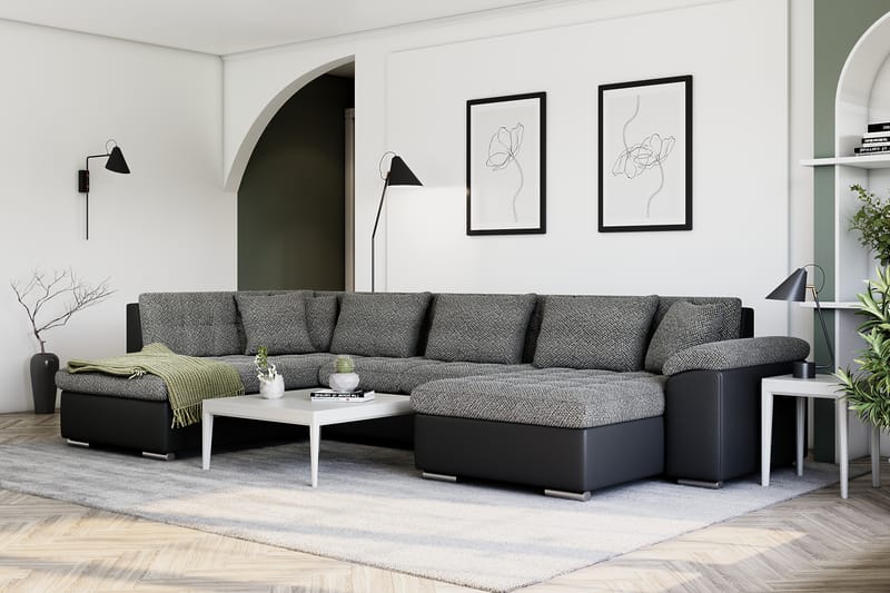 Dynir Stor Hjørnesovesofa Divan med Opbevaring Højre 350 cm - Sort/Grå - Møbler - Sofaer - Lædersofaer