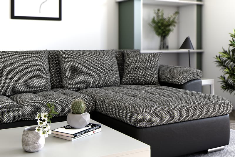 Dynir Stor Hjørnesovesofa Divan med Opbevaring Højre 350 cm - Sort/Grå - Møbler - Sofaer - Lædersofaer