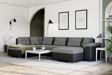 Dynir Stor Hjørnesovesofa Divan med Opbevaring Højre 350 cm - Sort/Grå - Møbler - Sofaer - Lædersofaer