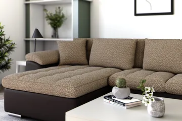 Dynir Stor Hjørnesovesofa Divan med Opbevaring Venstre 350 cm bred - Beige/Brun - Møbler - Sofaer - Lædersofaer