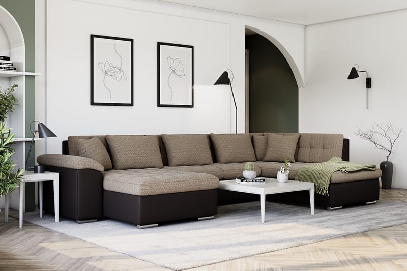 Dynir Stor Hjørnesovesofa Divan med Opbevaring Venstre 350 cm bred - Beige/Brun - Møbler - Sofaer - Lædersofaer
