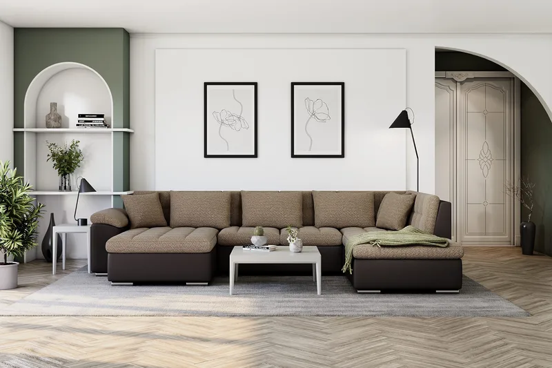 Dynir Stor Hjørnesovesofa Divan med Opbevaring Venstre 350 cm bred - Beige/Brun - Møbler - Sofaer - Lædersofaer