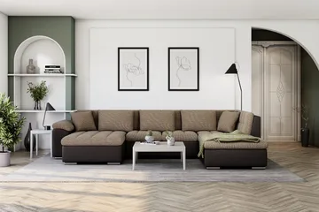 Dynir Stor Hjørnesovesofa Divan med Opbevaring Venstre 350 cm bred - Beige/Brun - Møbler - Sofaer - Lædersofaer