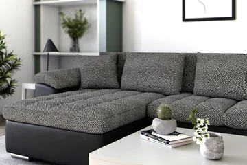Dynir Stor Hjørnesovesofa Divan med Opbevaring Venstre - Grå/Sort - Møbler - Sofaer - Lædersofaer