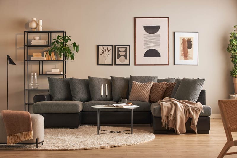 Ocean 4-personers Højrevendt U-formet Sofa med Chaiselong og Divan i Stof/Kunstlæder - Grå / Sort - Møbler - Sofaer - Lædersofaer