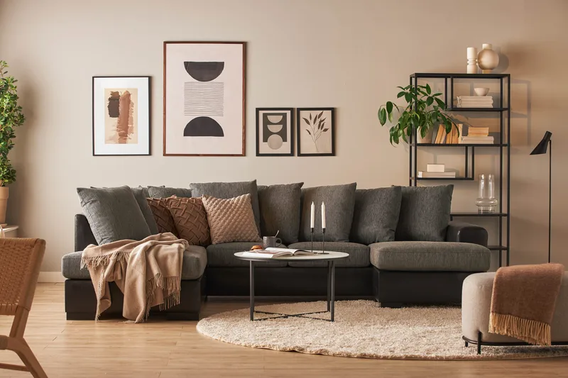 Ocean 4-personers Venstrevendt U-formet Sofa med Divan og Chaiselong i Kunstlæder/Stof - Grå / Sort - Møbler - Sofaer - Lædersofaer