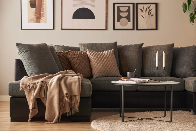 Ocean 4-personers Venstrevendt U-formet Sofa med Divan og Chaiselong i Kunstlæder/Stof - Grå / Sort - Møbler - Sofaer - Lædersofaer