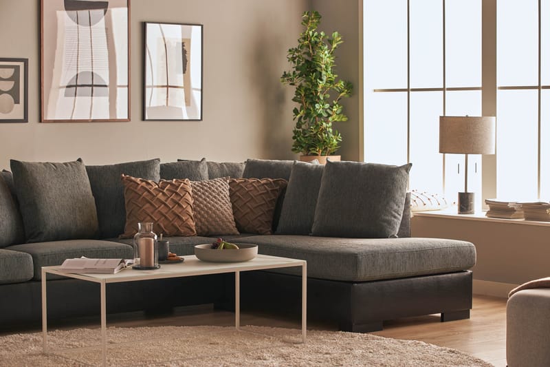 Ocean 5-personers Højrevendt U-formet Large Sofa med Divan og Chaiselong i Kunstlæder/Stof - Grå / Sort - Møbler - Sofaer - Lædersofaer