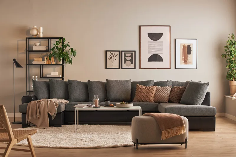 Ocean 5-personers Højrevendt U-formet Large Sofa med Divan og Chaiselong i Kunstlæder/Stof - Grå / Sort - Møbler - Sofaer - U Sofa