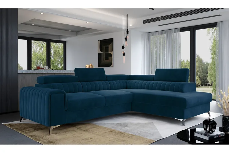 Laurece 4-personers Højrevendt L-formet Sovesofa 125x210 cm i Plys, Blå