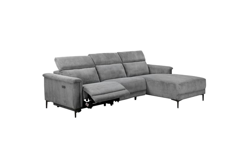 Lund 3-personers Højrevendt Hjørnesofa med Recliner og Chaiselong i Fløjlskord - Grå - Møbler - Sofaer - Recliner sofaer
