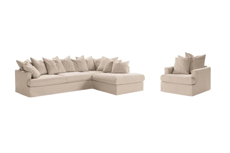 Menard Sofagruppe 4-personers Højrevendt L-formet Chaiselongsofa + Lænestol i Stof, Beige