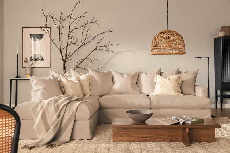 Menard Sofagruppe 4-personers Venstrevendt L-formet Chaiselongsofa + Lænestol i Stof - Beige - Møbler - Sofaer - Sofagrupper