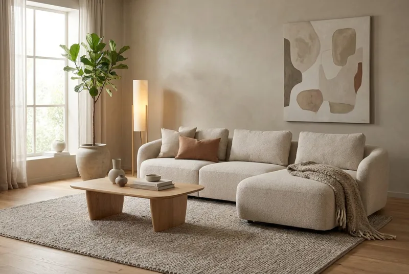 Milano 5-personers Afrundet Højrevendt L-sofa med Lav Ryg i Beige Bouclé - Møbler - Sofaer - Sofa med chaiselong